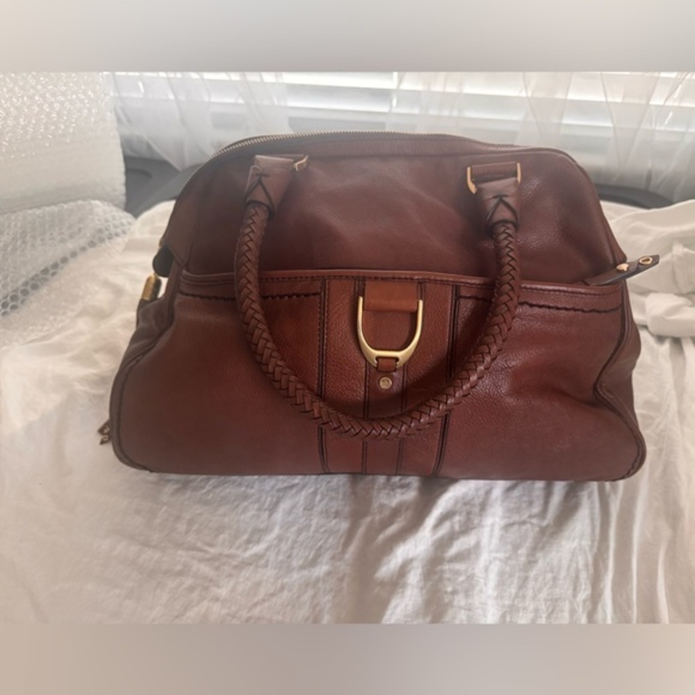 Cole Haan Brown Leather Satchel Braided Handle Top Zip Bag